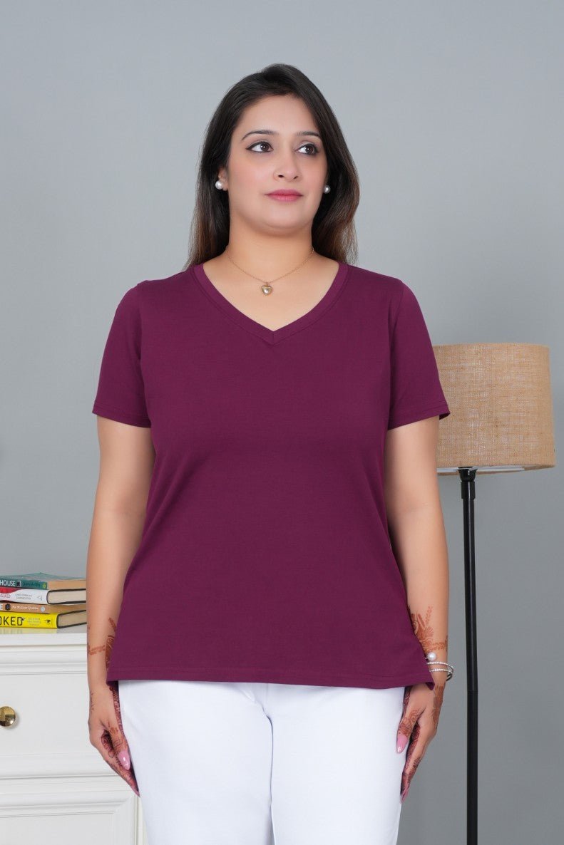 Plum V - neck half - sleeve cotton lycra t-shirt - Cotton half sleeve v neck t-shirt