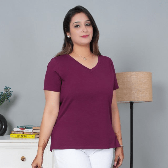 Plum V - neck half - sleeve cotton lycra t-shirt - Cotton half sleeve v neck t-shirt