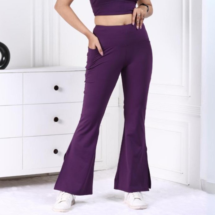 Purple sports flare pants with slit for women, ankle length gym pants.
