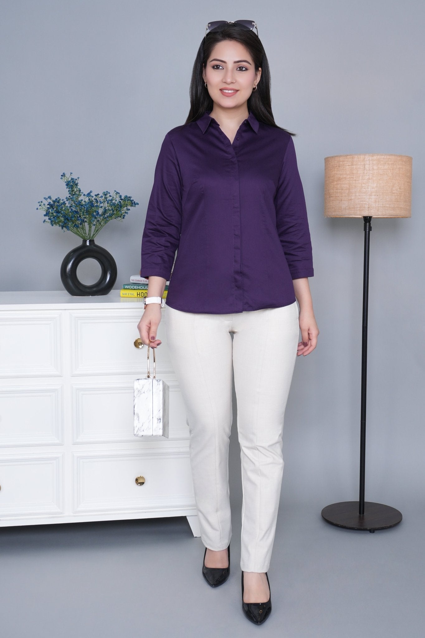 Purple cotton office placket shirt - Cotton office placket shirt