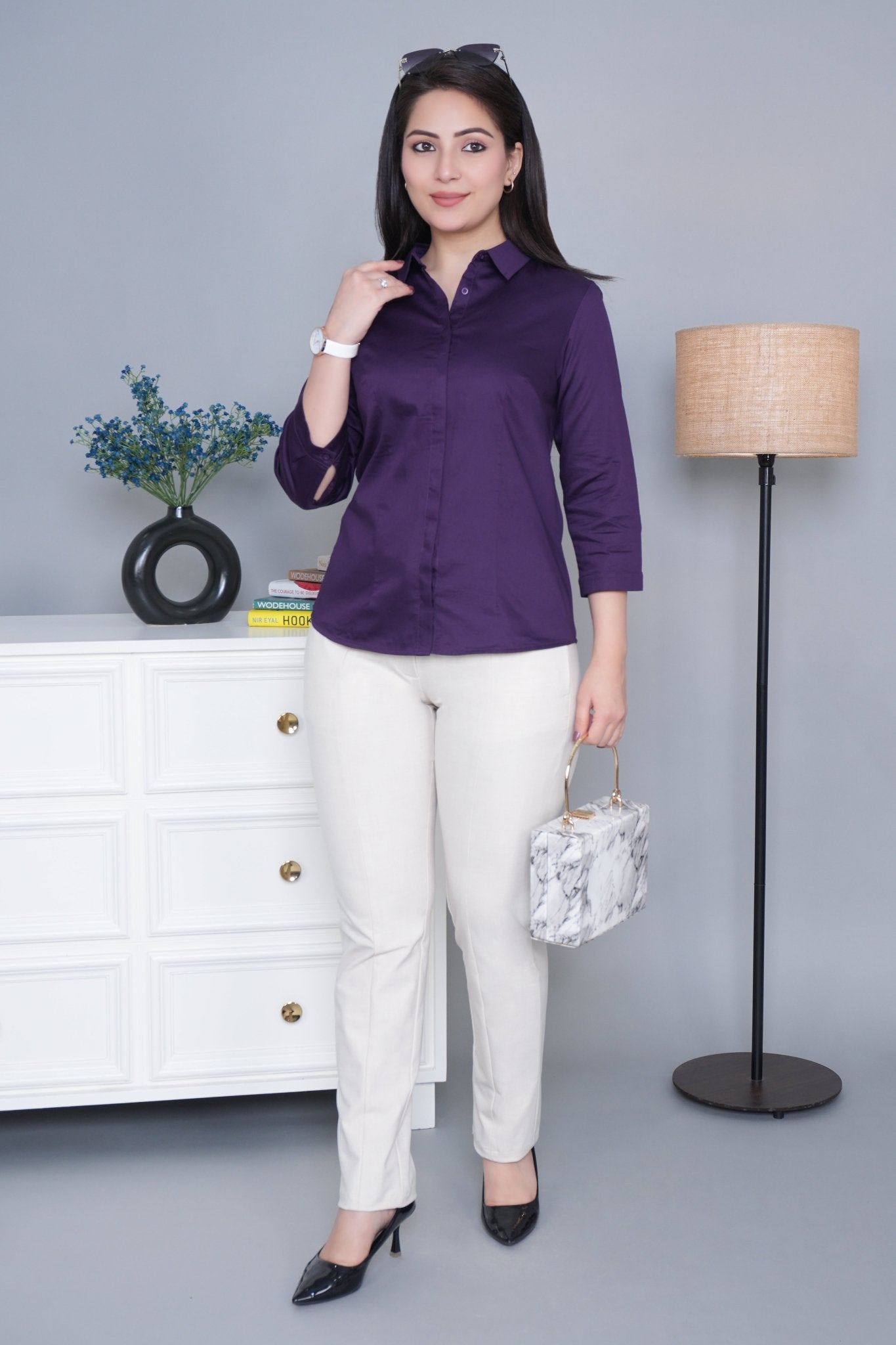 Purple cotton office placket shirt - Cotton office placket shirt