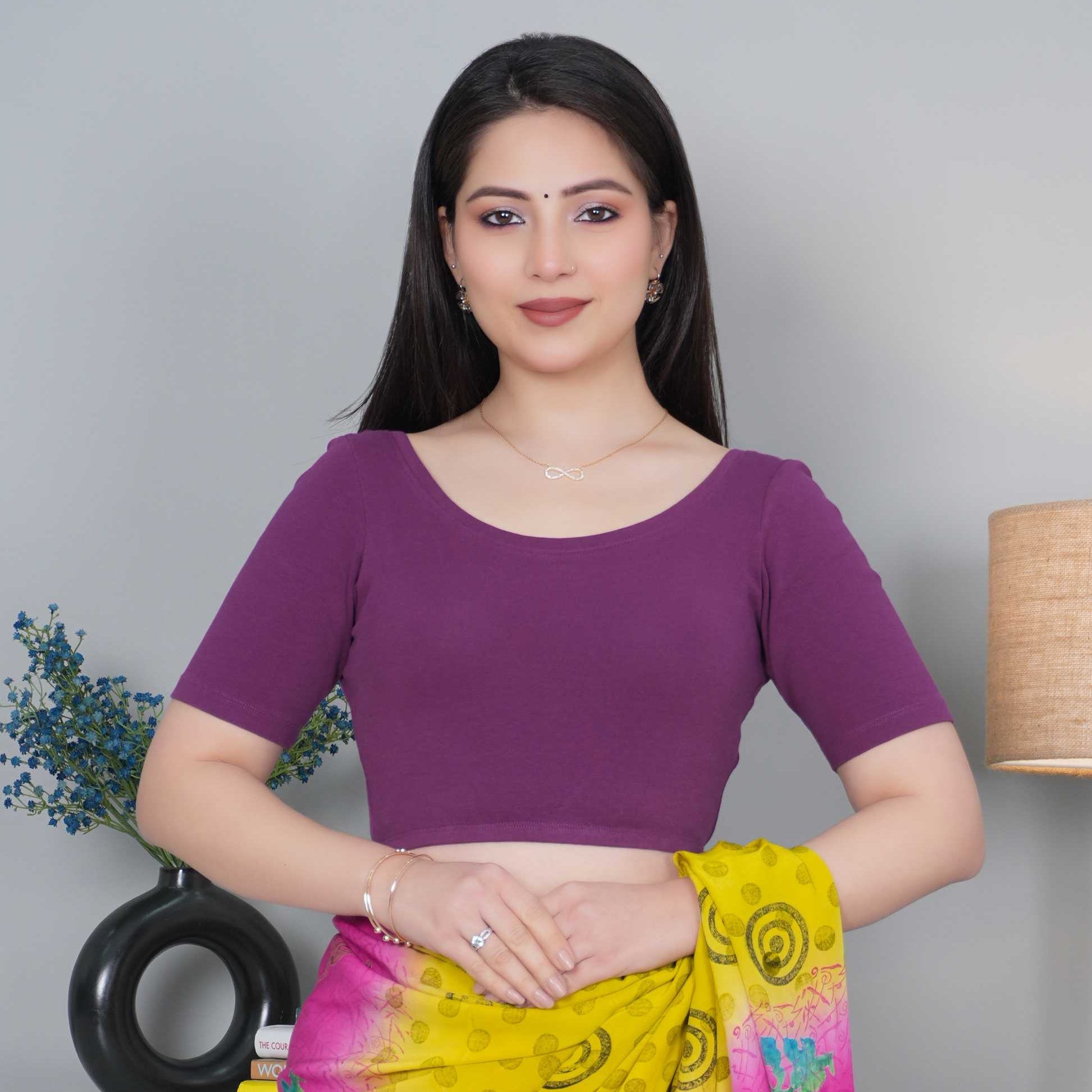 Purple Rib Roundneck Half Sleeve Blouse [ 100% USA HQ Cotton, 280 GSM non transparent fa0bric ] - Rib blouse