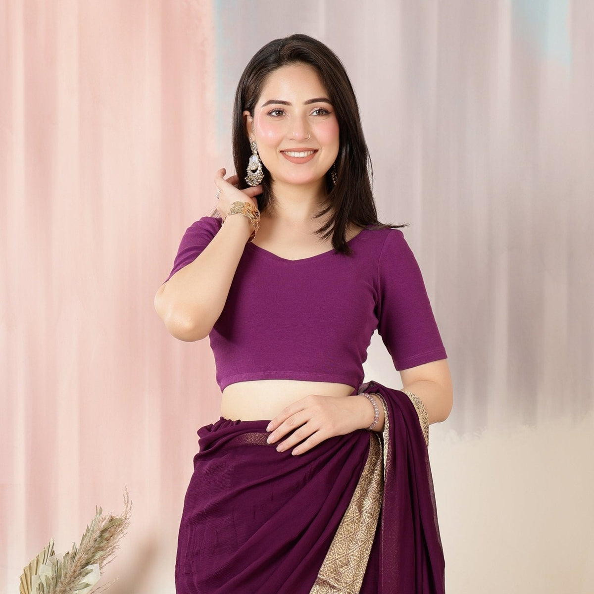 Purple Rib Roundneck Half Sleeve Blouse [ 100% USA HQ Cotton, 280 GSM non transparent fa0bric ] -Rib blouse