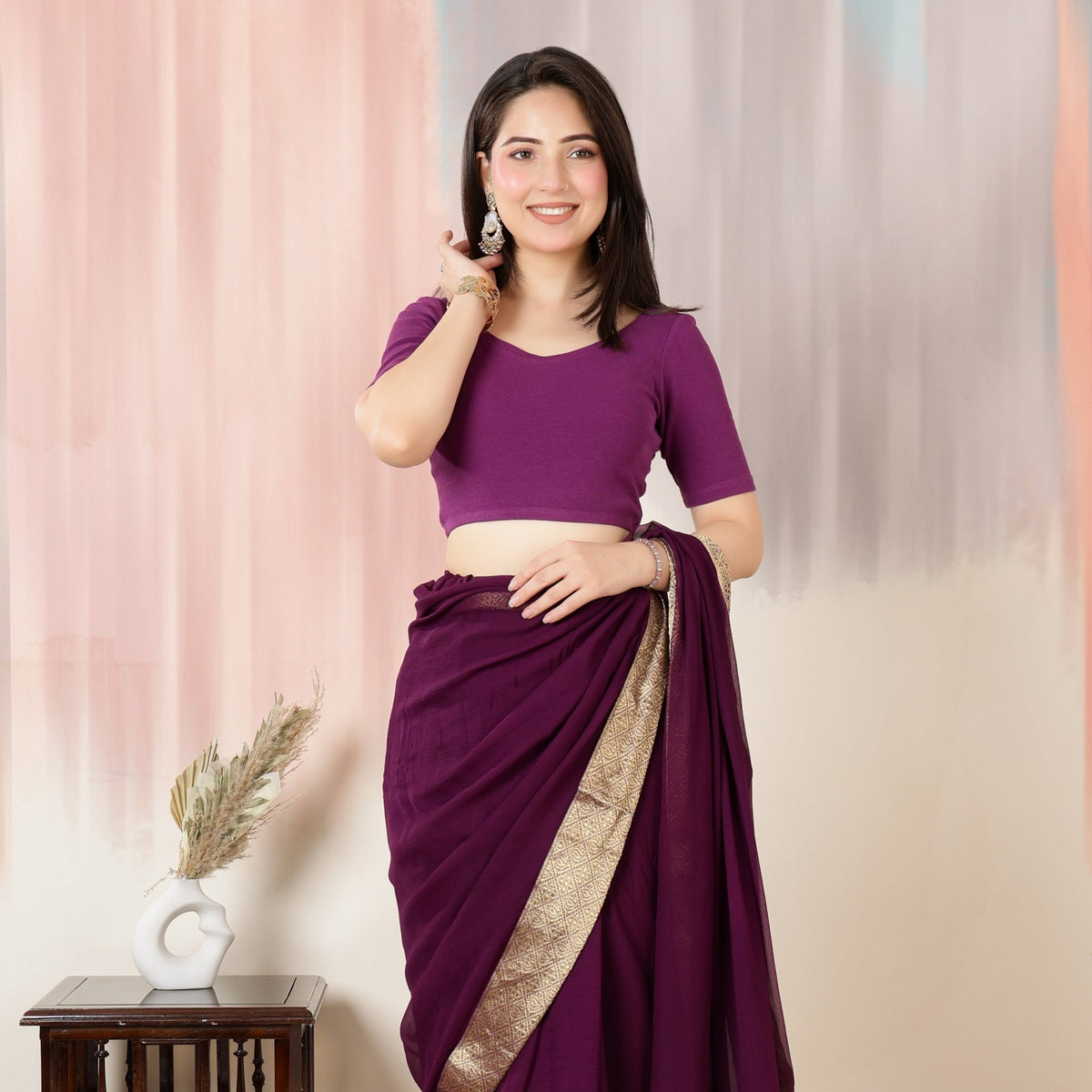 Purple Rib Roundneck Half Sleeve Blouse [ 100% USA HQ Cotton, 280 GSM non transparent fa0bric ] -Rib blouse