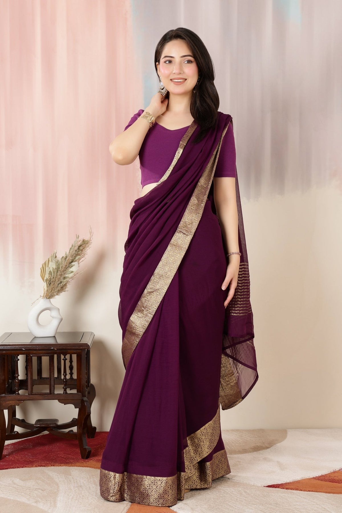 Purple Rib Roundneck Half Sleeve Blouse [ 100% USA HQ Cotton, 280 GSM non transparent fa0bric ] -Rib blouse