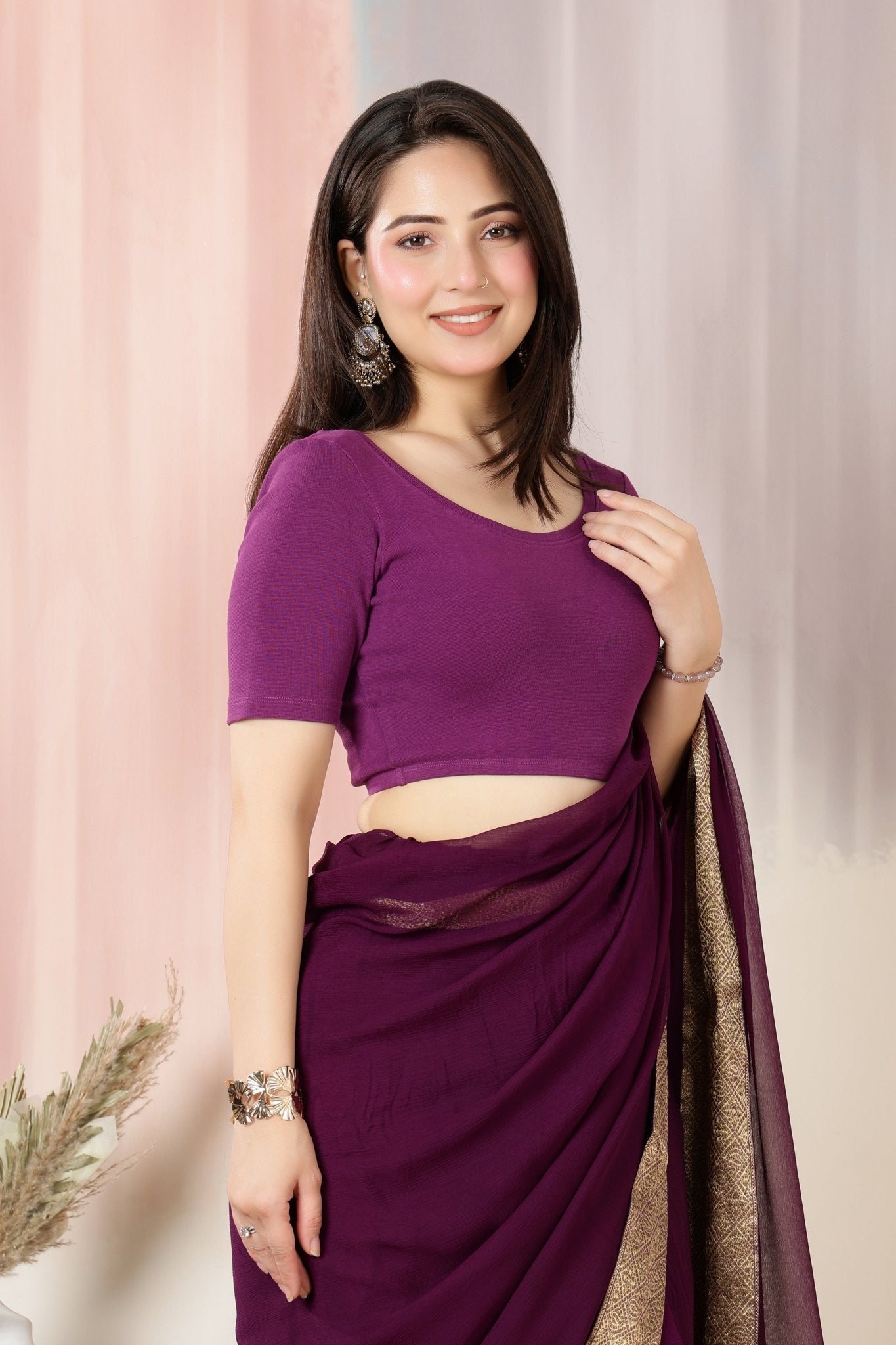 Purple Rib Roundneck Half Sleeve Blouse [ 100% USA HQ Cotton, 280 GSM non transparent fa0bric ] -Rib blouse