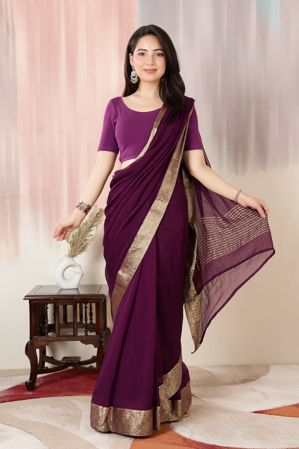 Purple Rib Roundneck Half Sleeve Blouse [ 100% USA HQ Cotton, 280 GSM non transparent fa0bric ] -Rib blouse
