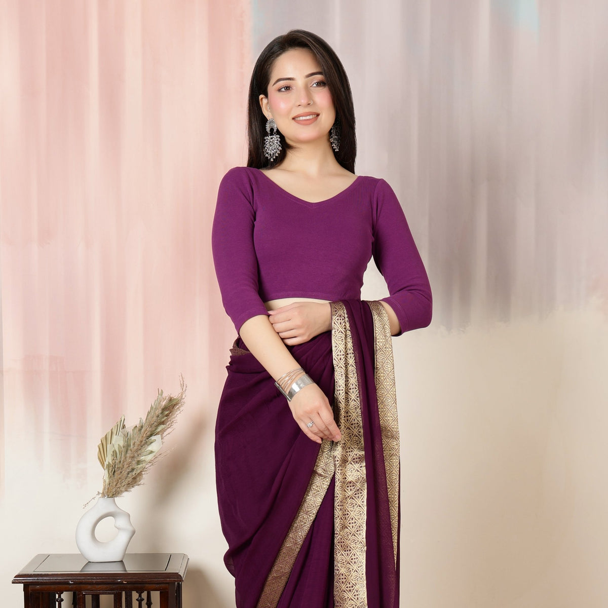 Purple Rib V Neck 3/4 Sleeve Blouse [ 100% USA HQ Cotton, 280 GSM non transparent fabric ] -Rib blouse