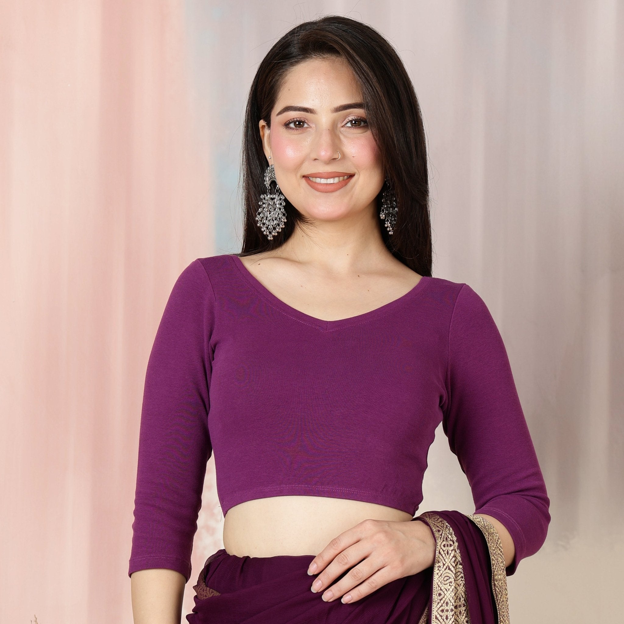 Purple Rib V Neck 3/4 Sleeve Blouse [ 100% USA HQ Cotton, 280 GSM non transparent fabric ] -Rib blouse