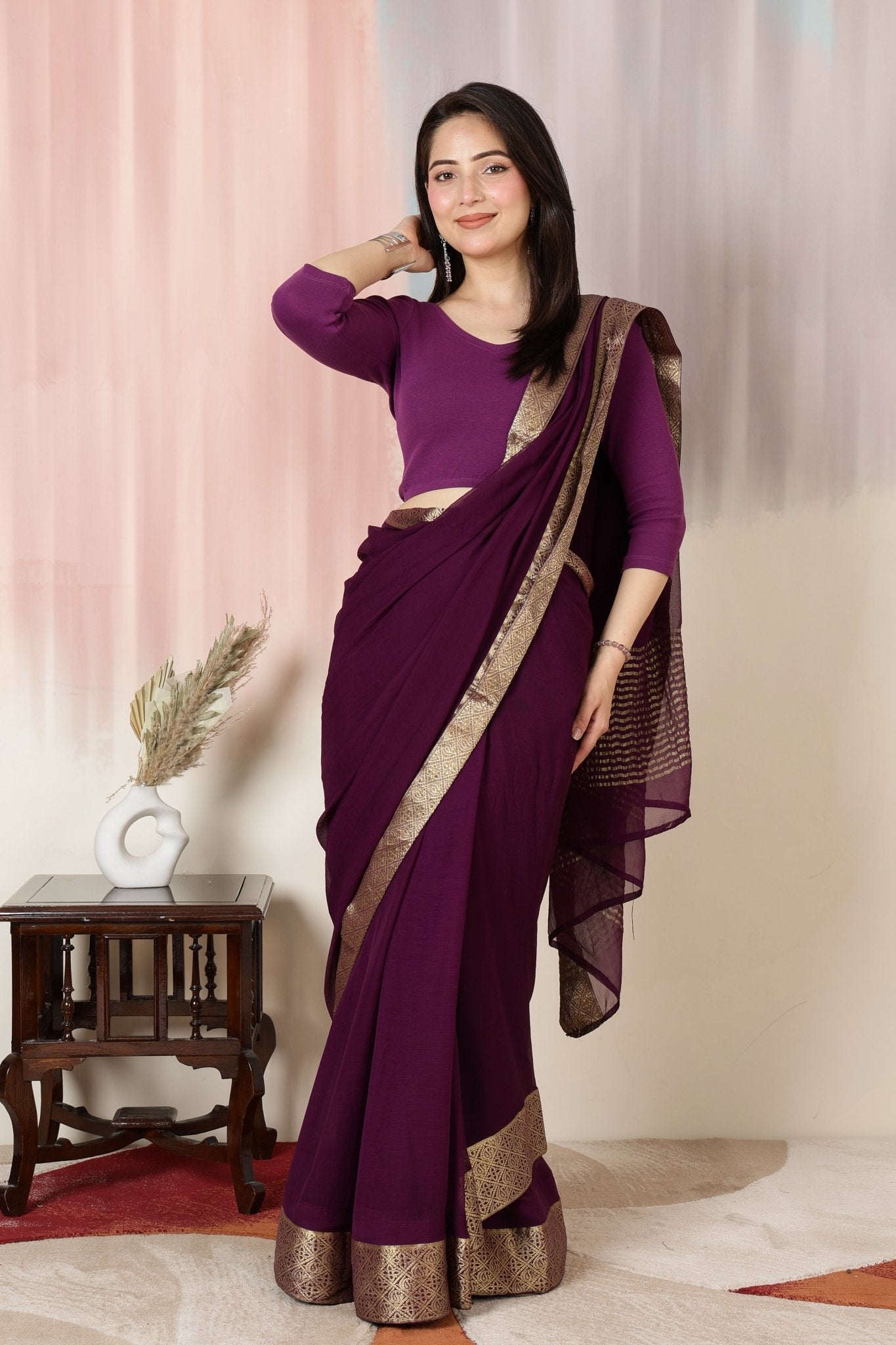 Purple Rib V Neck 3/4 Sleeve Blouse [ 100% USA HQ Cotton, 280 GSM non transparent fabric ] -Rib blouse