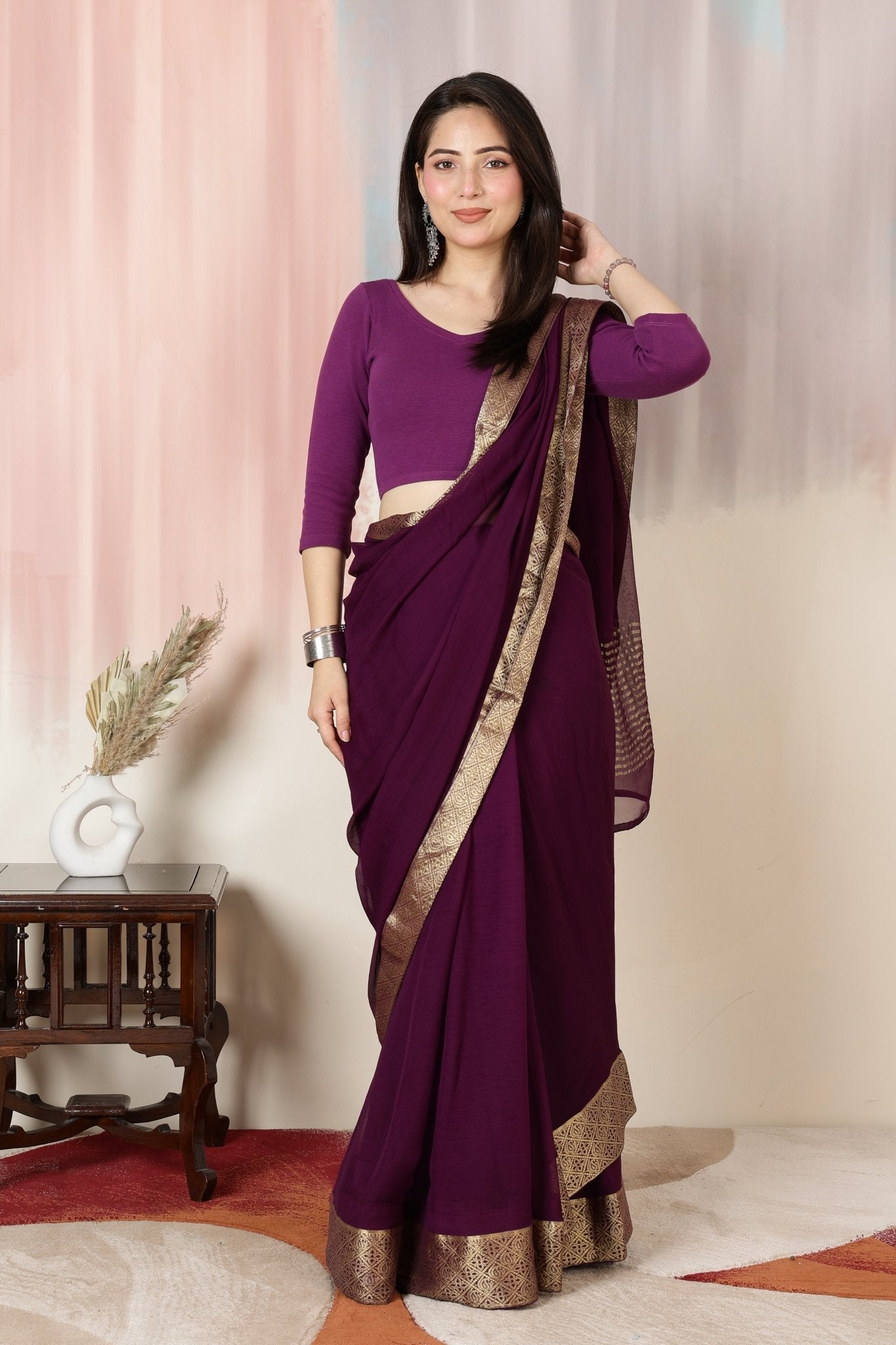 Purple Rib V Neck 3/4 Sleeve Blouse [ 100% USA HQ Cotton, 280 GSM non transparent fabric ] -Rib blouse