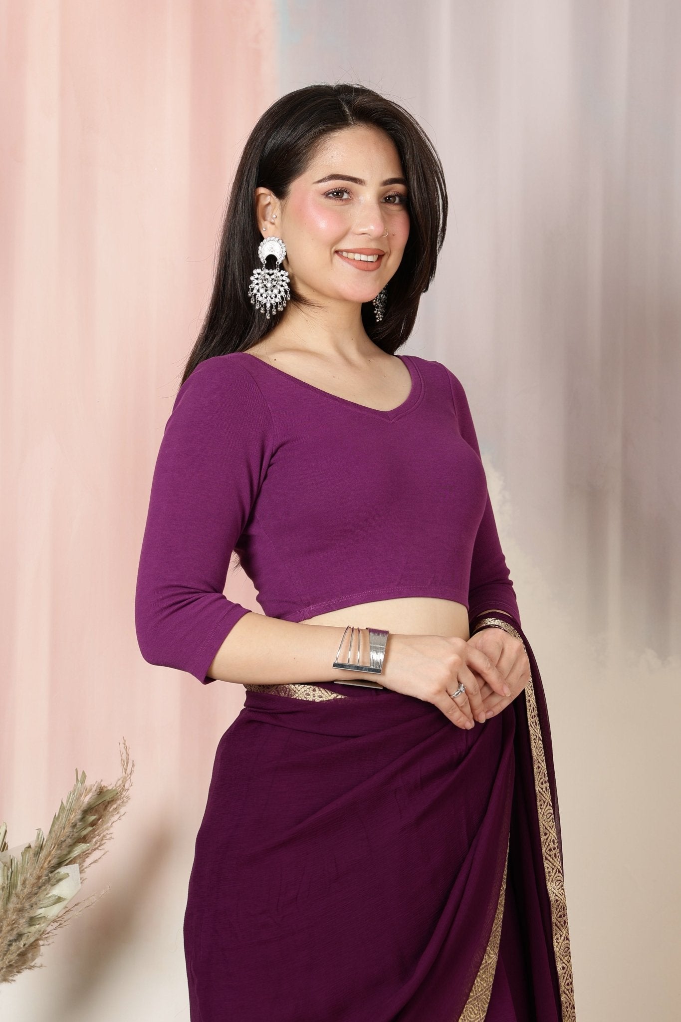 Purple Rib V Neck 3/4 Sleeve Blouse [ 100% USA HQ Cotton, 280 GSM non transparent fabric ] -Rib blouse
