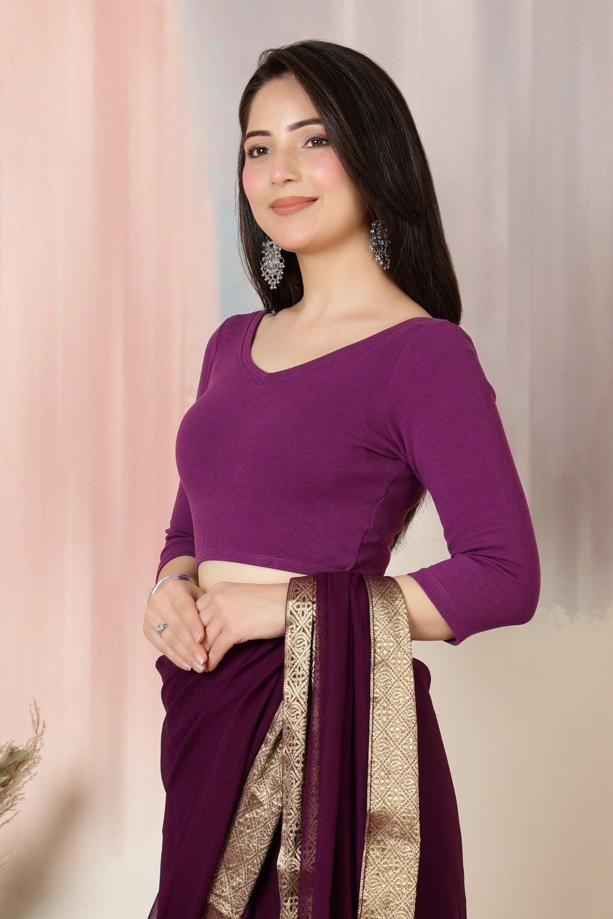 Purple Rib V Neck 3/4 Sleeve Blouse [ 100% USA HQ Cotton, 280 GSM non transparent fabric ] -Rib blouse