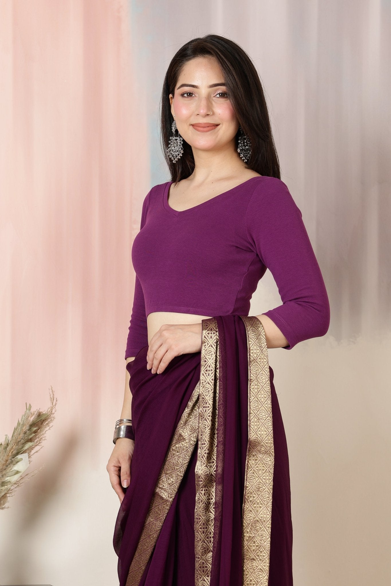 Purple Rib V Neck 3/4 Sleeve Blouse [ 100% USA HQ Cotton, 280 GSM non transparent fabric ] -Rib blouse