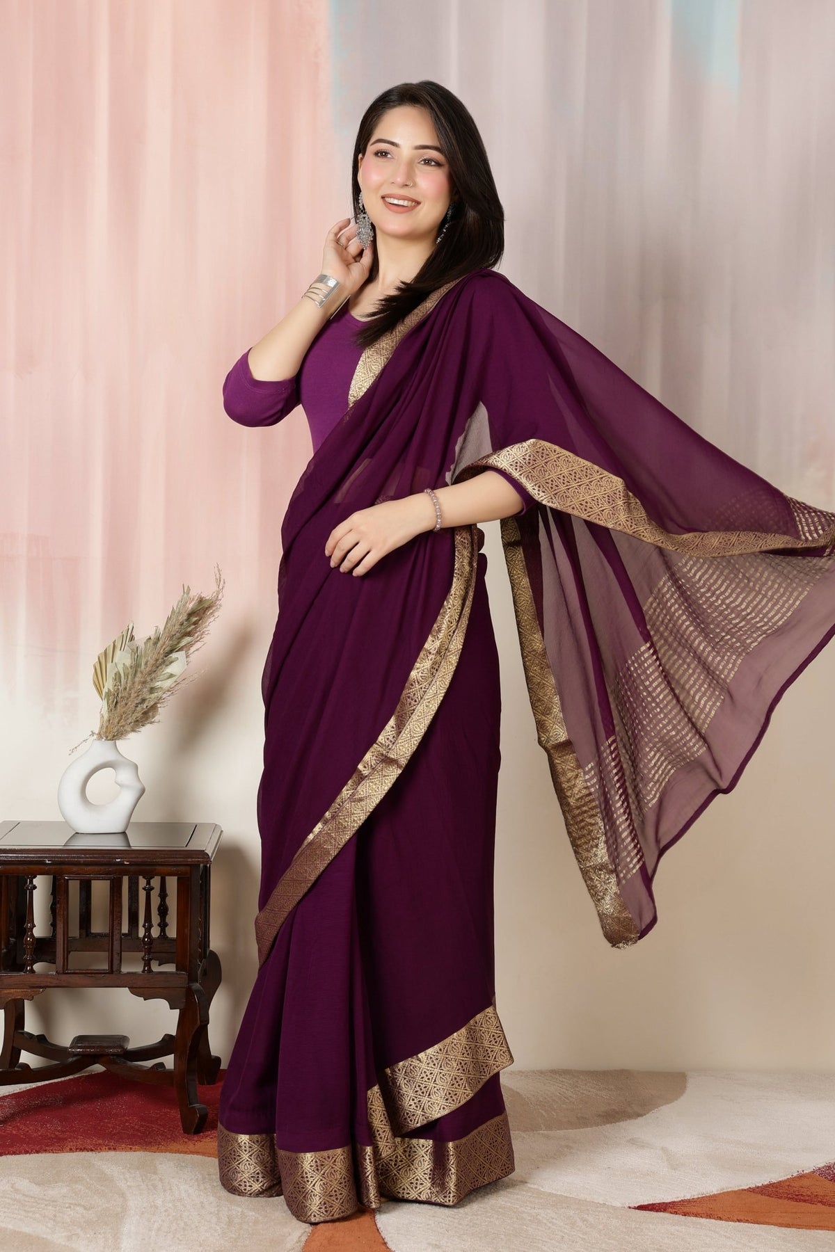 Purple Rib V Neck 3/4 Sleeve Blouse [ 100% USA HQ Cotton, 280 GSM non transparent fabric ] -Rib blouse