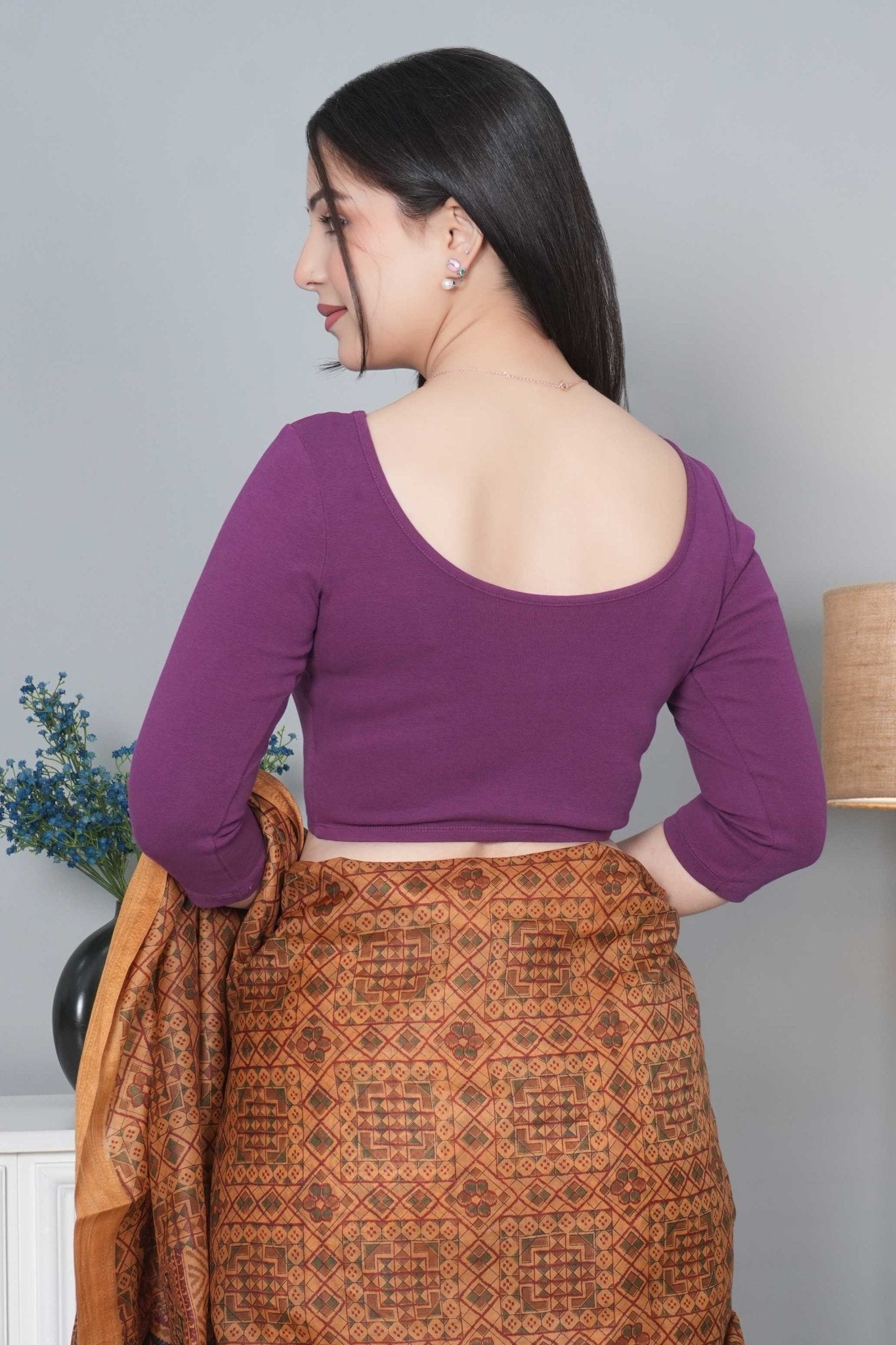 Purple Rib V Neck 3/4 Sleeve Blouse [ 100% USA HQ Cotton, 280 GSM non transparent fabric ] - Rib blouse