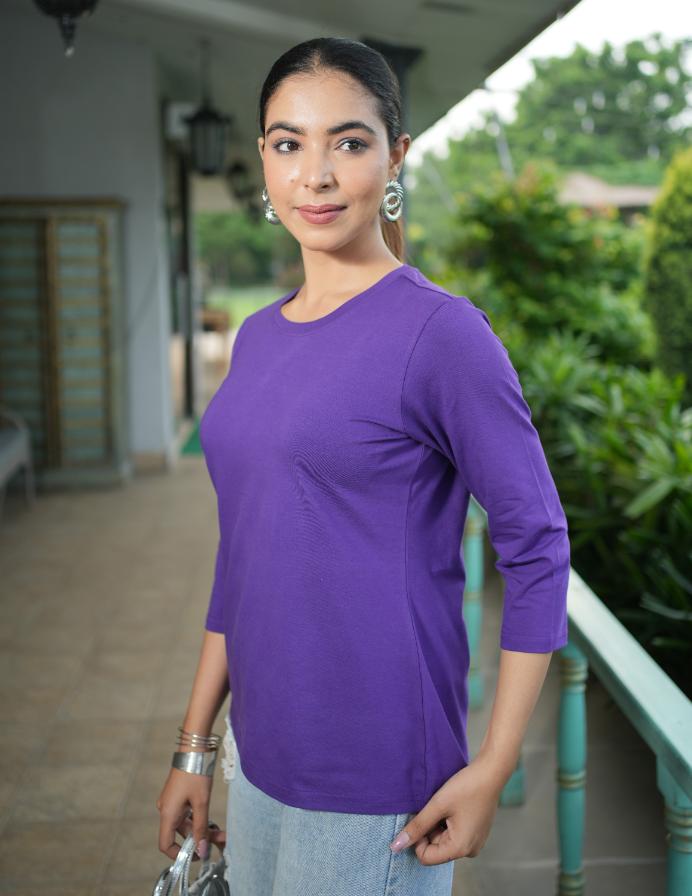 Purple Round Neck Cotton full Sleeve T Shirt - Cotton t shirt