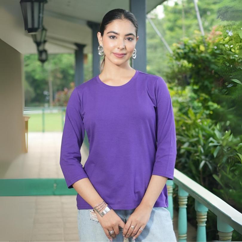 Purple Round Neck Cotton full Sleeve T Shirt - Cotton t shirt