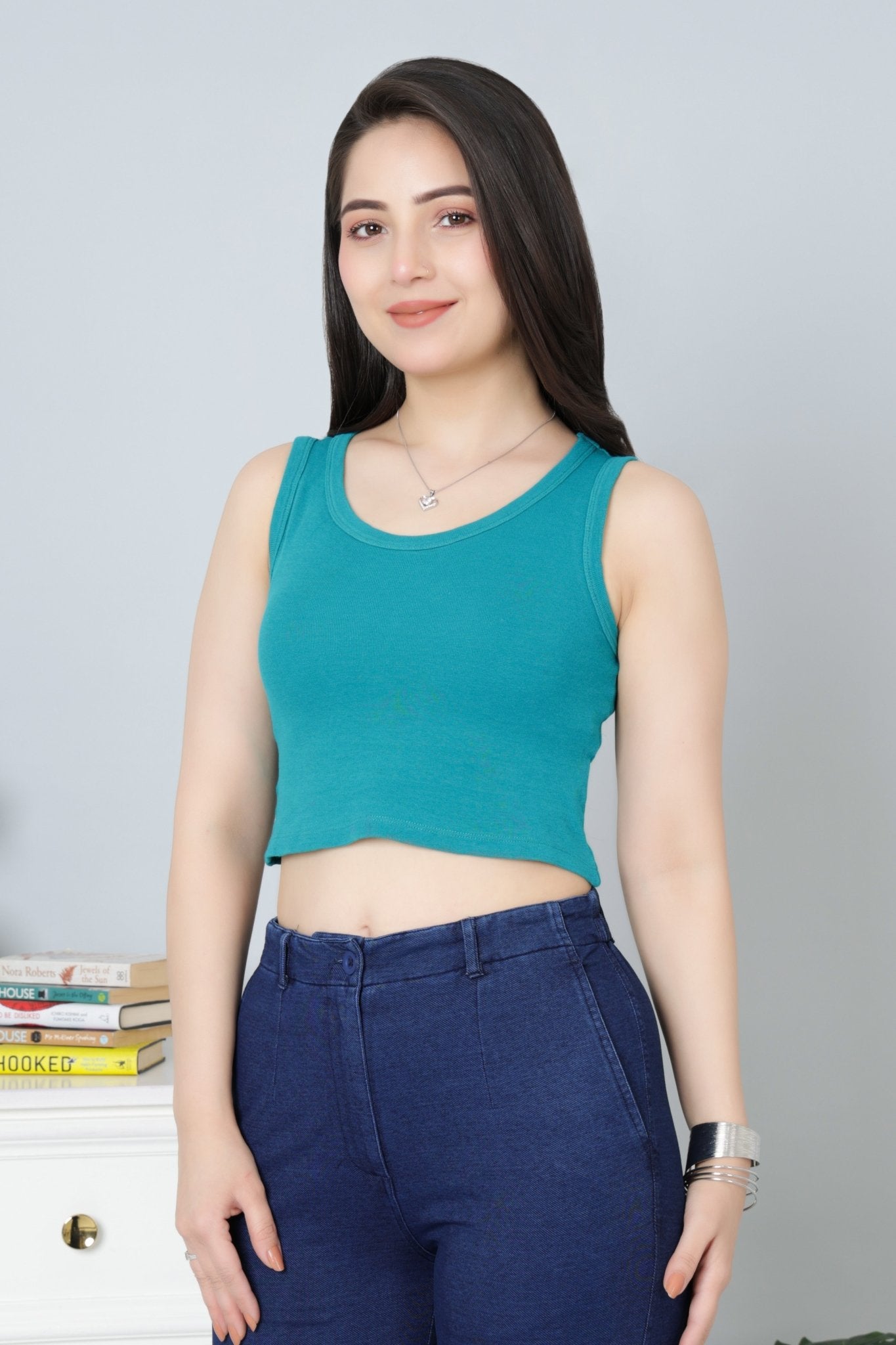 Rama Green Rib Crop Vest [ 100% USA HQ Cotton, 280 GSM non transparent fabric ] - Rib crop vest