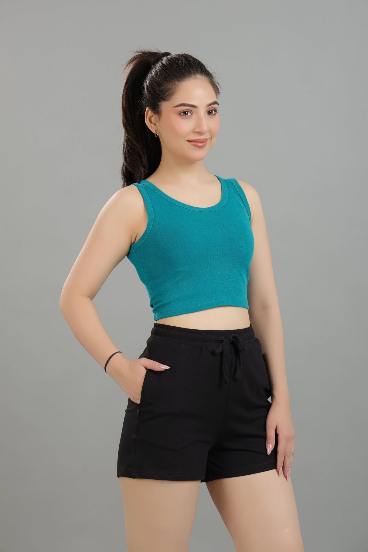 Rama Green Rib Crop Vest [ 100% USA HQ Cotton, 280 GSM non transparent fabric ] -Rib crop vest