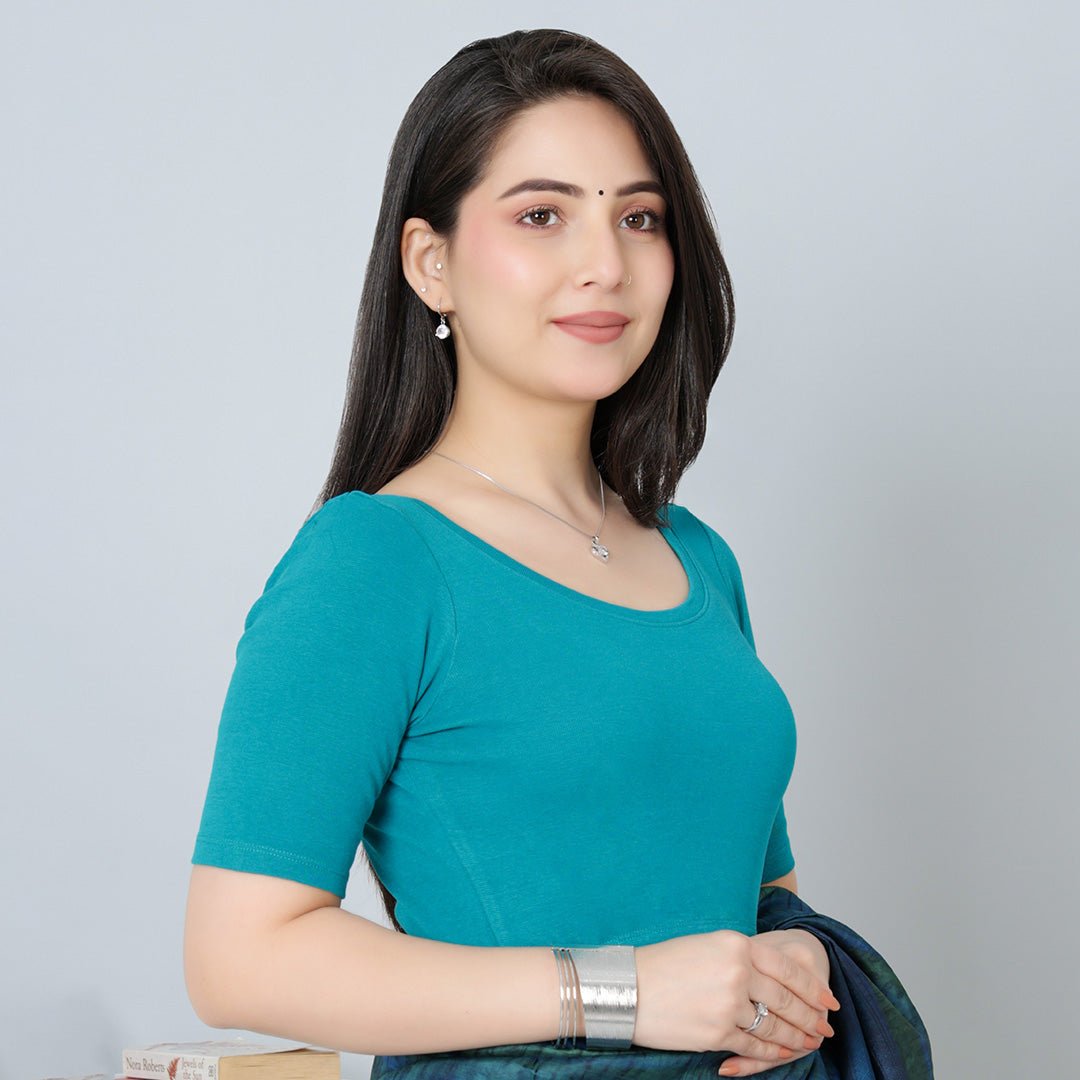 Rama Green Rib Roundneck Half Sleeve Blouse [ 100% USA HQ Cotton, 280 GSM non transparent fabric ] - Rib blouse
