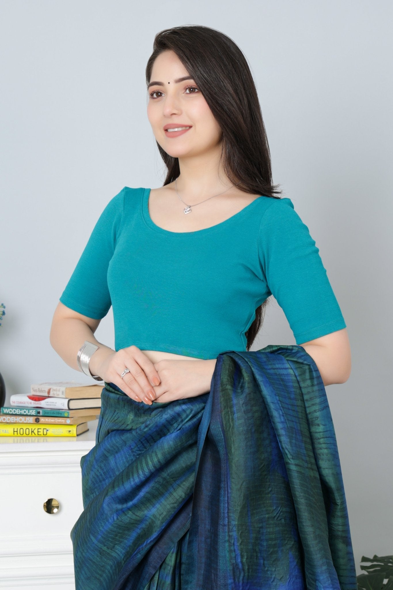 Rama Green Rib Roundneck Half Sleeve Blouse [ 100% USA HQ Cotton, 280 GSM non transparent fabric ] - Rib blouse