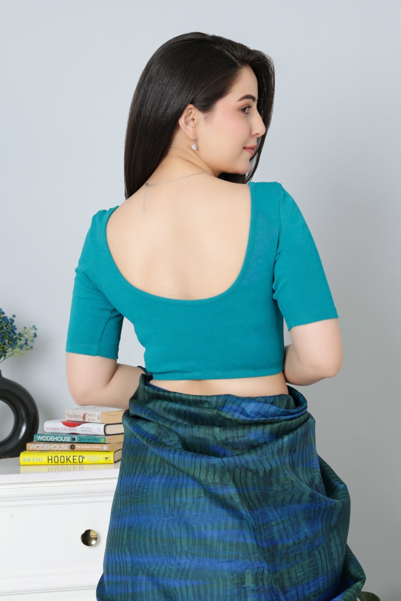 Rama Green Rib Roundneck Half Sleeve Blouse [ 100% USA HQ Cotton, 280 GSM non transparent fabric ] - Rib blouse