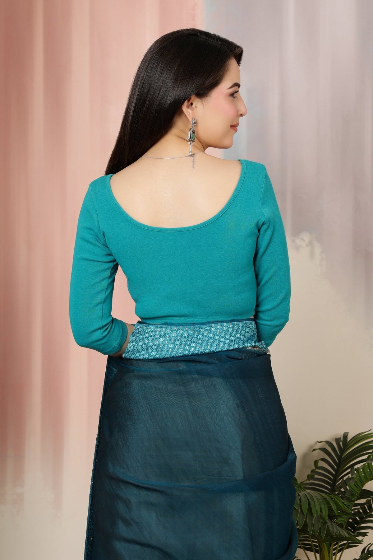 Rama Green Rib V Neck 3/4 Sleeve Blouse [ 100% USA HQ Cotton, 280 GSM non transparent fabric ] -Rib blouse