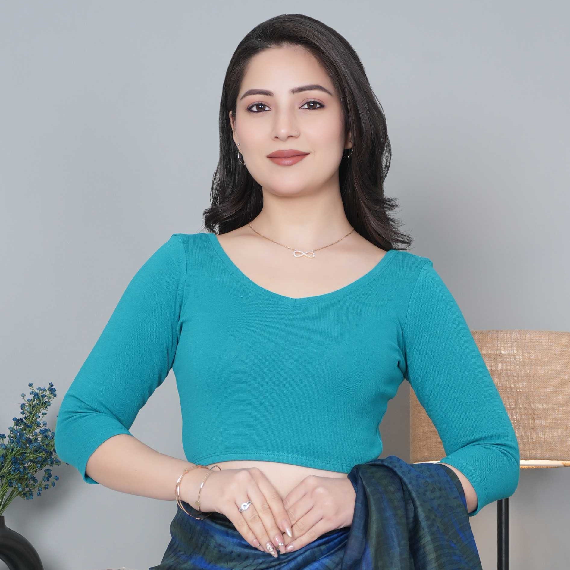 Rama Green Rib V Neck 3/4 Sleeve Blouse [ 100% USA HQ Cotton, 280 GSM non transparent fabric ] - Rib blouse