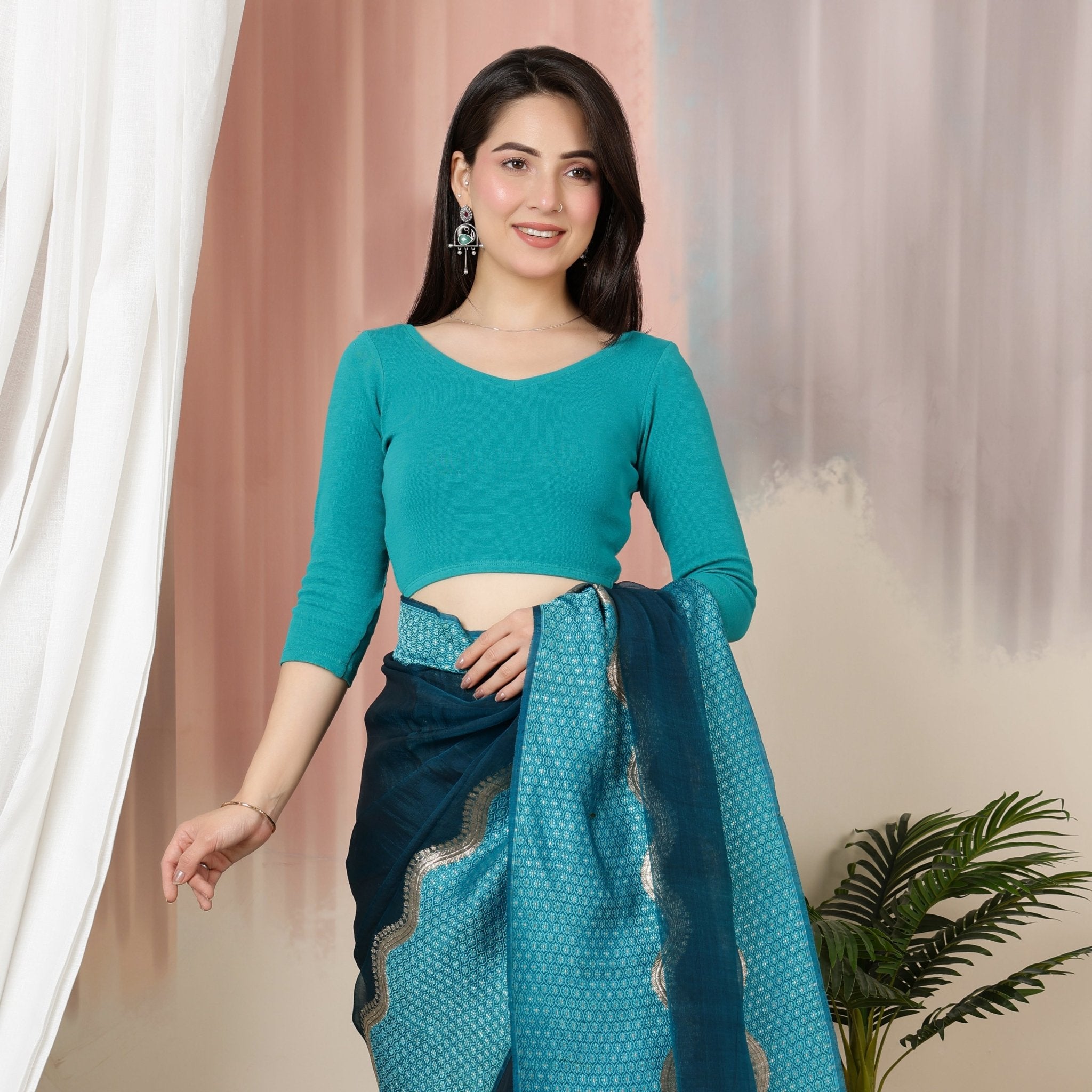 Rama Green Rib V Neck 3/4 Sleeve Blouse [ 100% USA HQ Cotton, 280 GSM non transparent fabric ] -Rib blouse