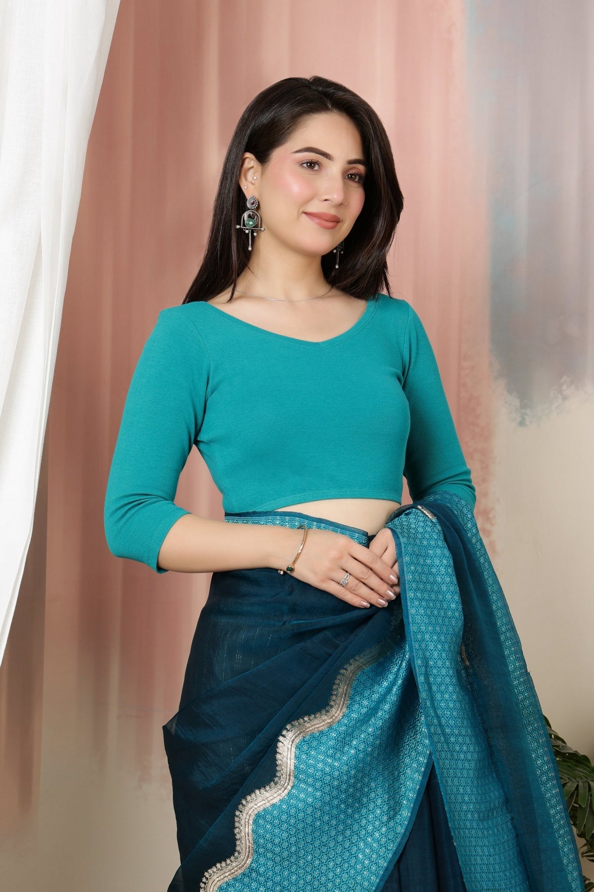 Rama Green Rib V Neck 3/4 Sleeve Blouse [ 100% USA HQ Cotton, 280 GSM non transparent fabric ] -Rib blouse