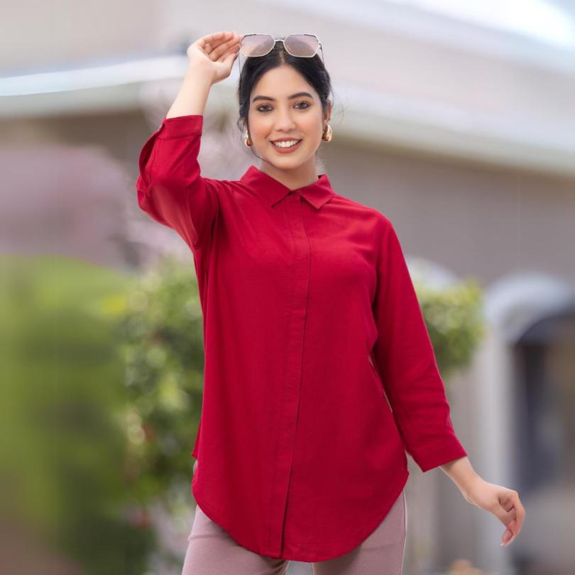 Red long hemline shirt [ 100% Rayon, Liva Certified ] - Long hemline shirt