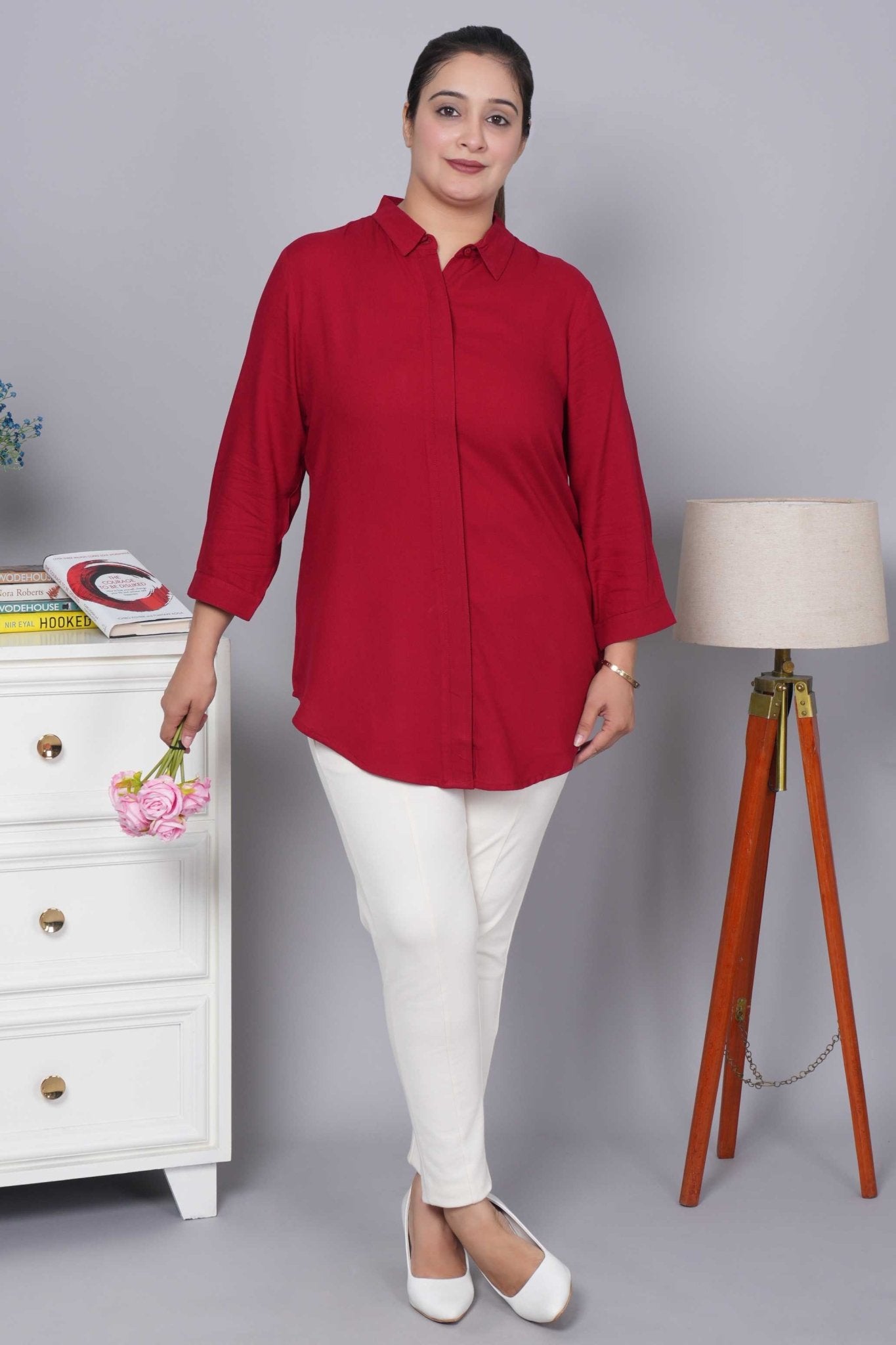 Red long hemline shirt [ 100% Rayon, Liva Certified ] - Long hemline shirt