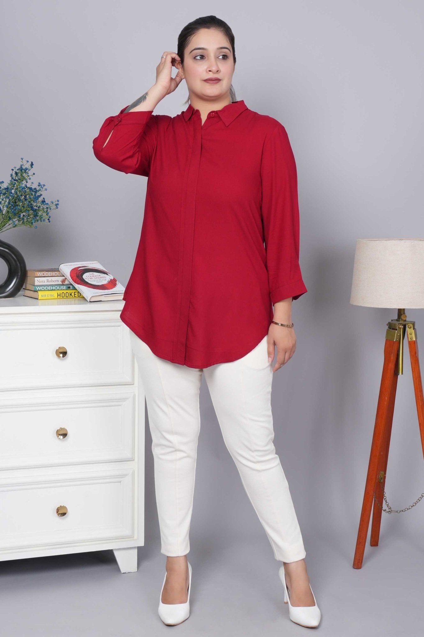 Red long hemline shirt [ 100% Rayon, Liva Certified ] - Long hemline shirt