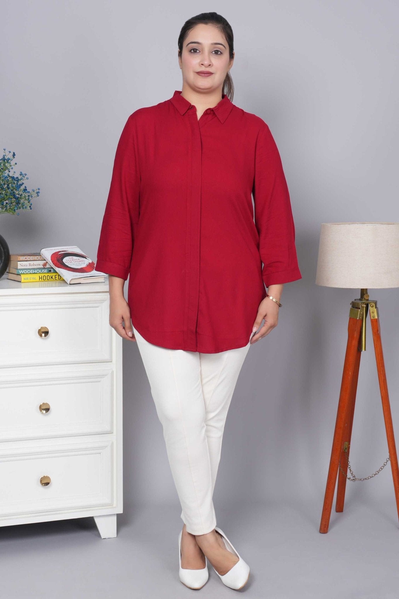 Red long hemline shirt [ 100% Rayon, Liva Certified ] - Long hemline shirt