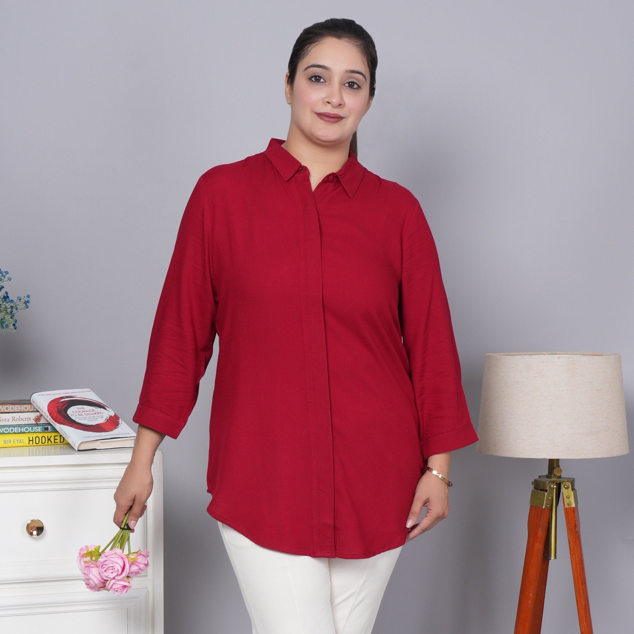 Red long hemline shirt [ 100% Rayon, Liva Certified ] - Long hemline shirt
