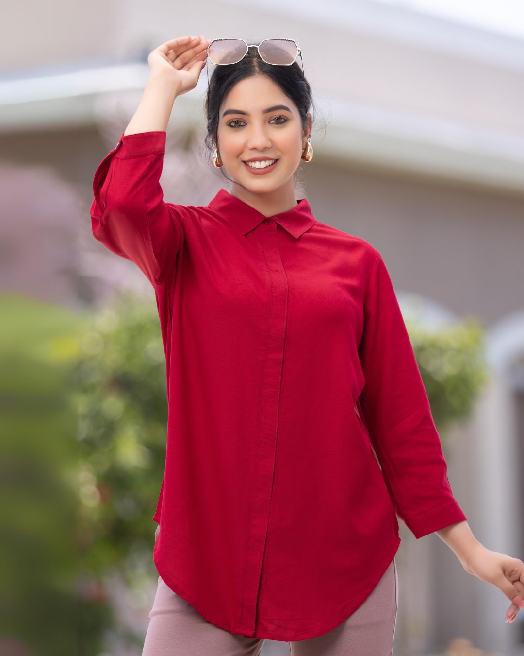 Red long hemline shirt [ 100% Rayon, Liva Certified ] - Long hemline shirt