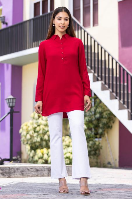 Red Longline shirt [ 100% Rayon, Liva Certified ] - Long line shirt