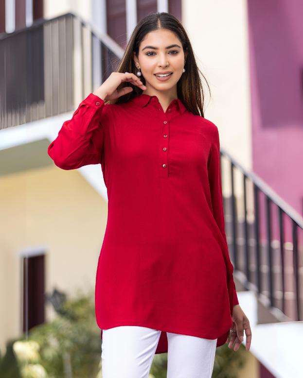 Red Longline shirt [ 100% Rayon, Liva Certified ] - Long line shirt