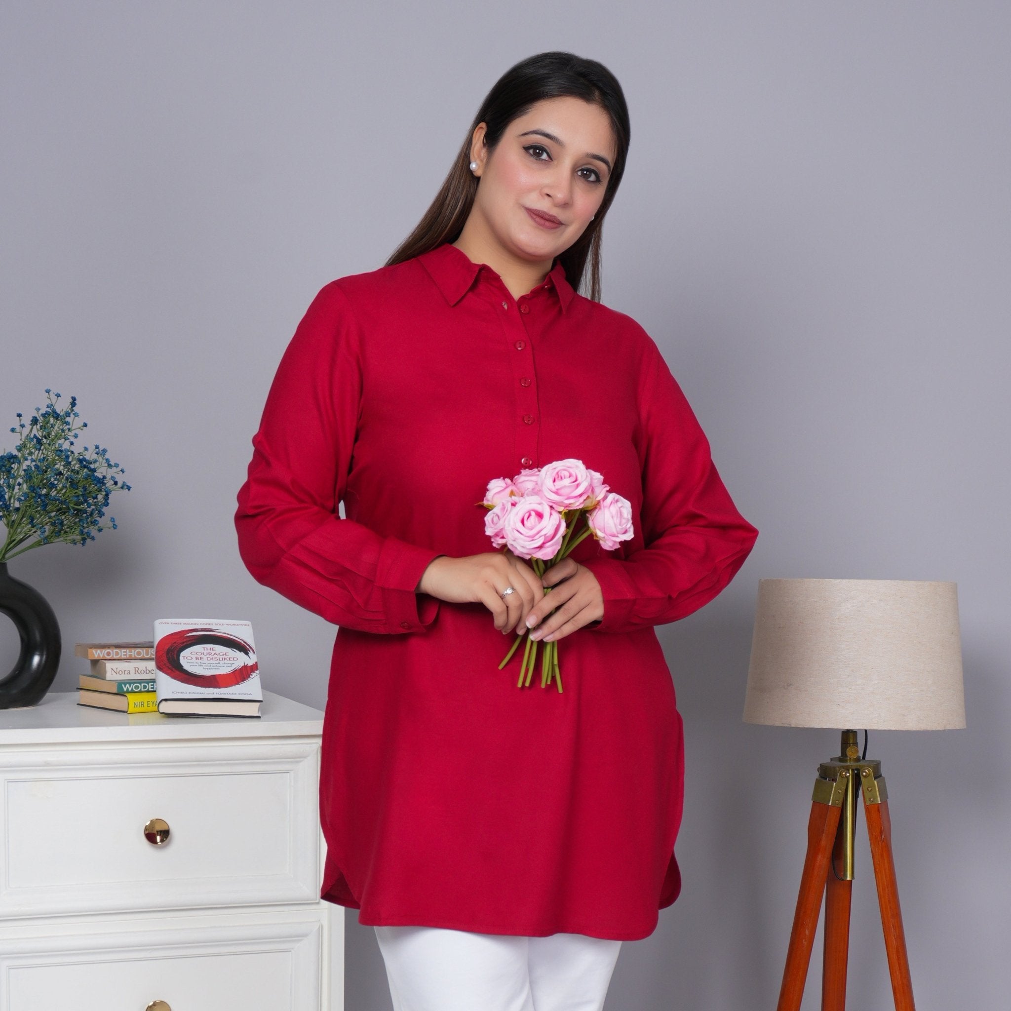 Red Longline shirt [ 100% Rayon, Liva Certified ] - Long line shirt