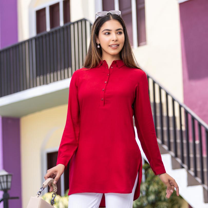 Red Longline shirt [ 100% Rayon, Liva Certified ] - Long line shirt