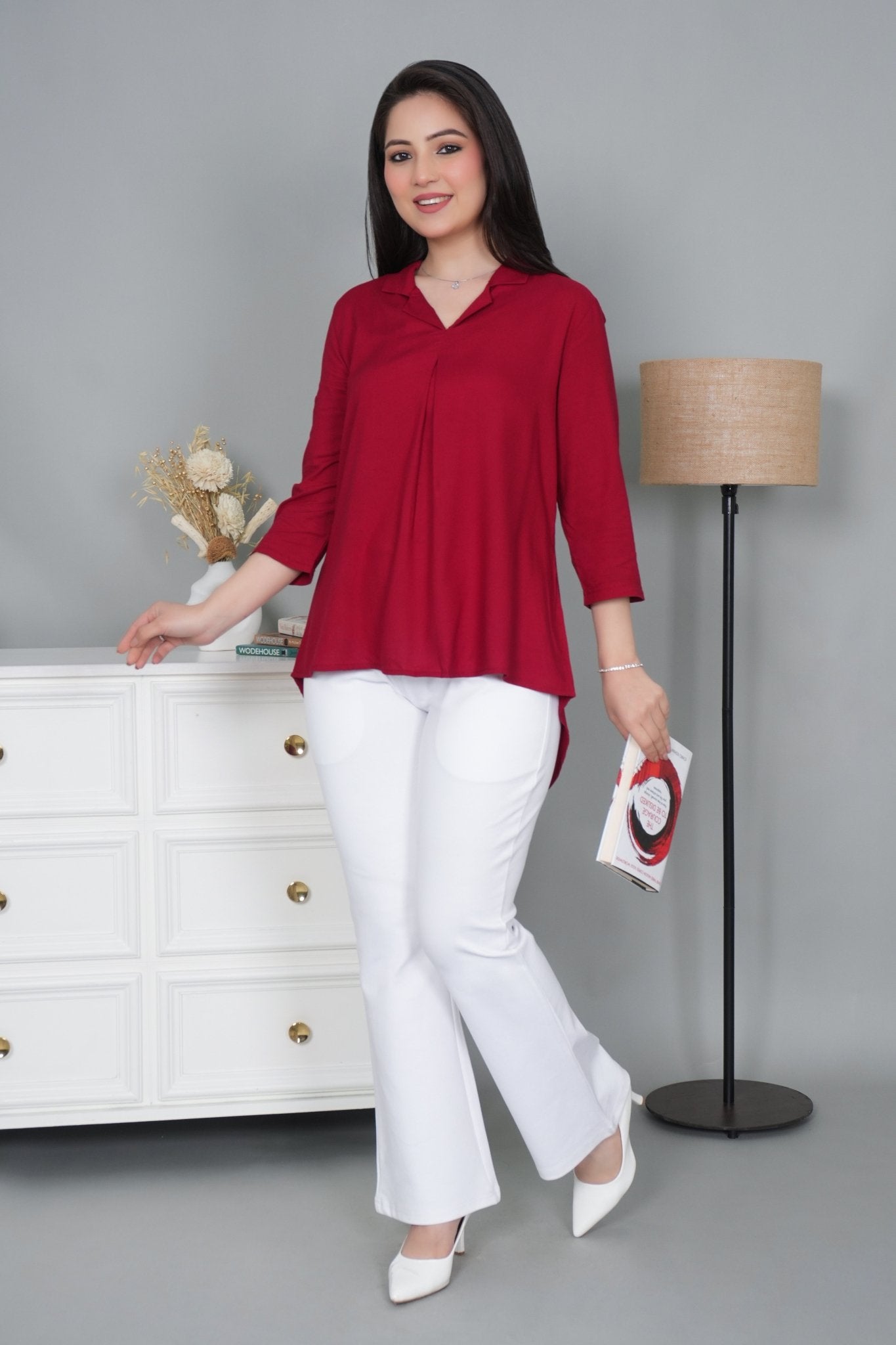 Red rayon collar top [ Premium 100% Rayon, Liva Certified ] - Rayon collar top