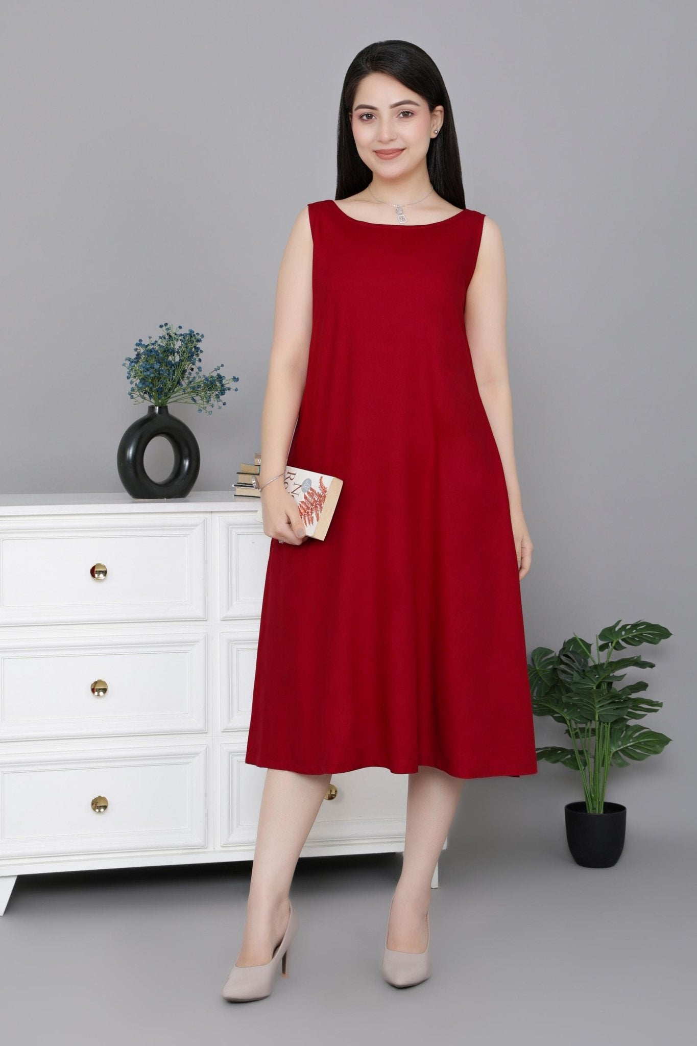 Red rayon flare dress with pocket [ Premium 100% Rayon, Liva Certified ] -Rayon flare dress with pocket