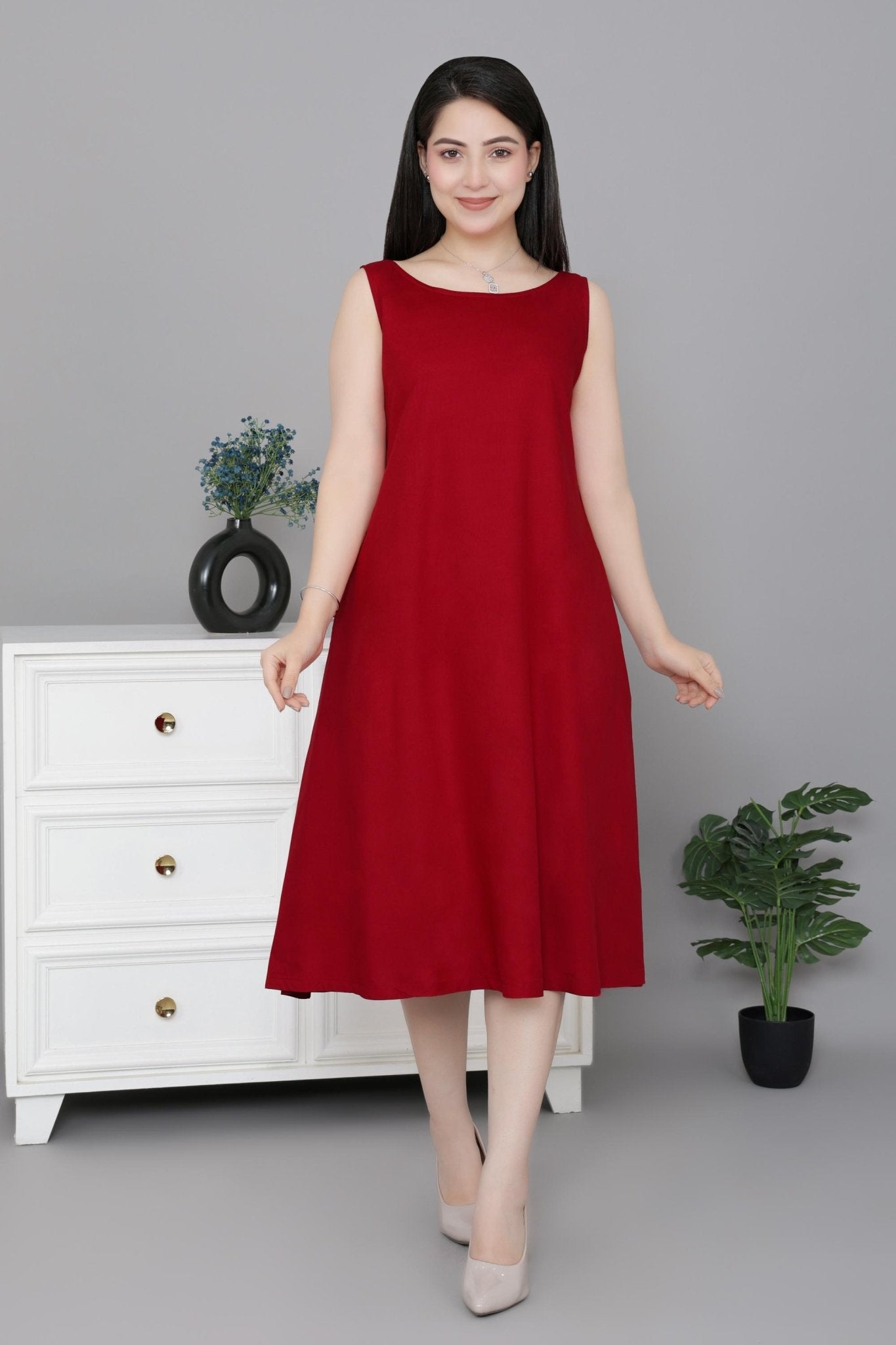 Red rayon flare dress with pocket [ Premium 100% Rayon, Liva Certified ] -Rayon flare dress with pocket