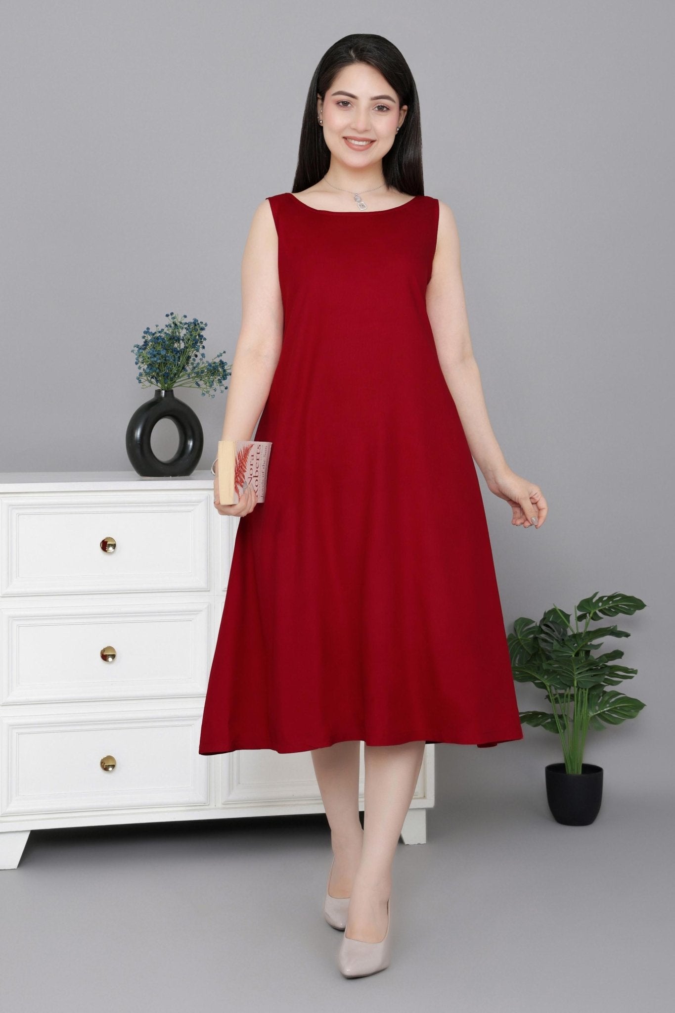 Red rayon flare dress with pocket [ Premium 100% Rayon, Liva Certified ] -Rayon flare dress with pocket