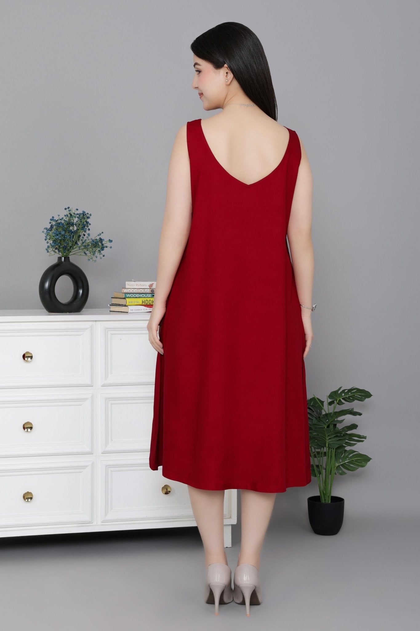 Red rayon flare dress with pocket [ Premium 100% Rayon, Liva Certified ] -Rayon flare dress with pocket