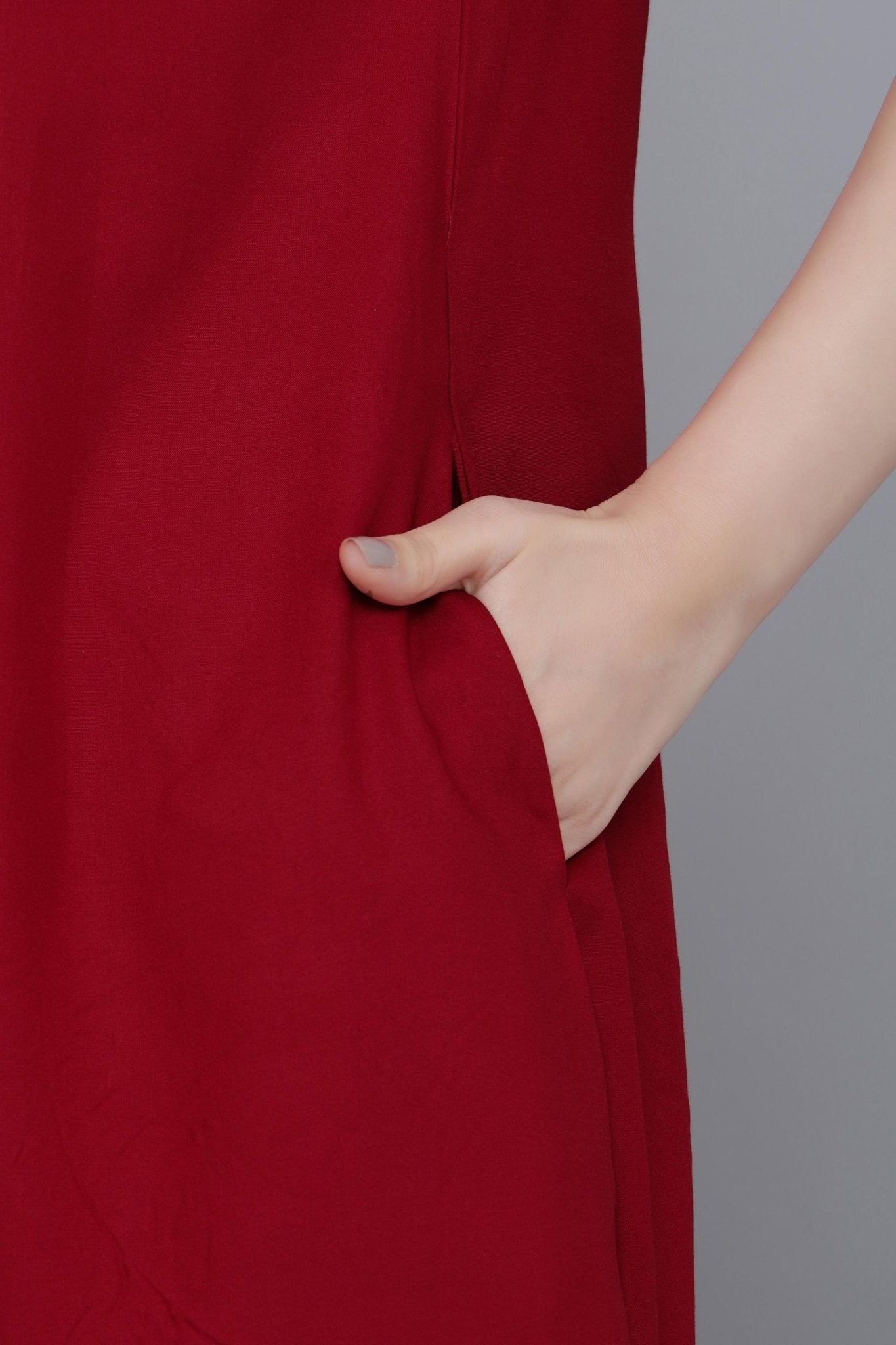 Red rayon flare dress with pocket [ Premium 100% Rayon, Liva Certified ] -Rayon flare dress with pocket