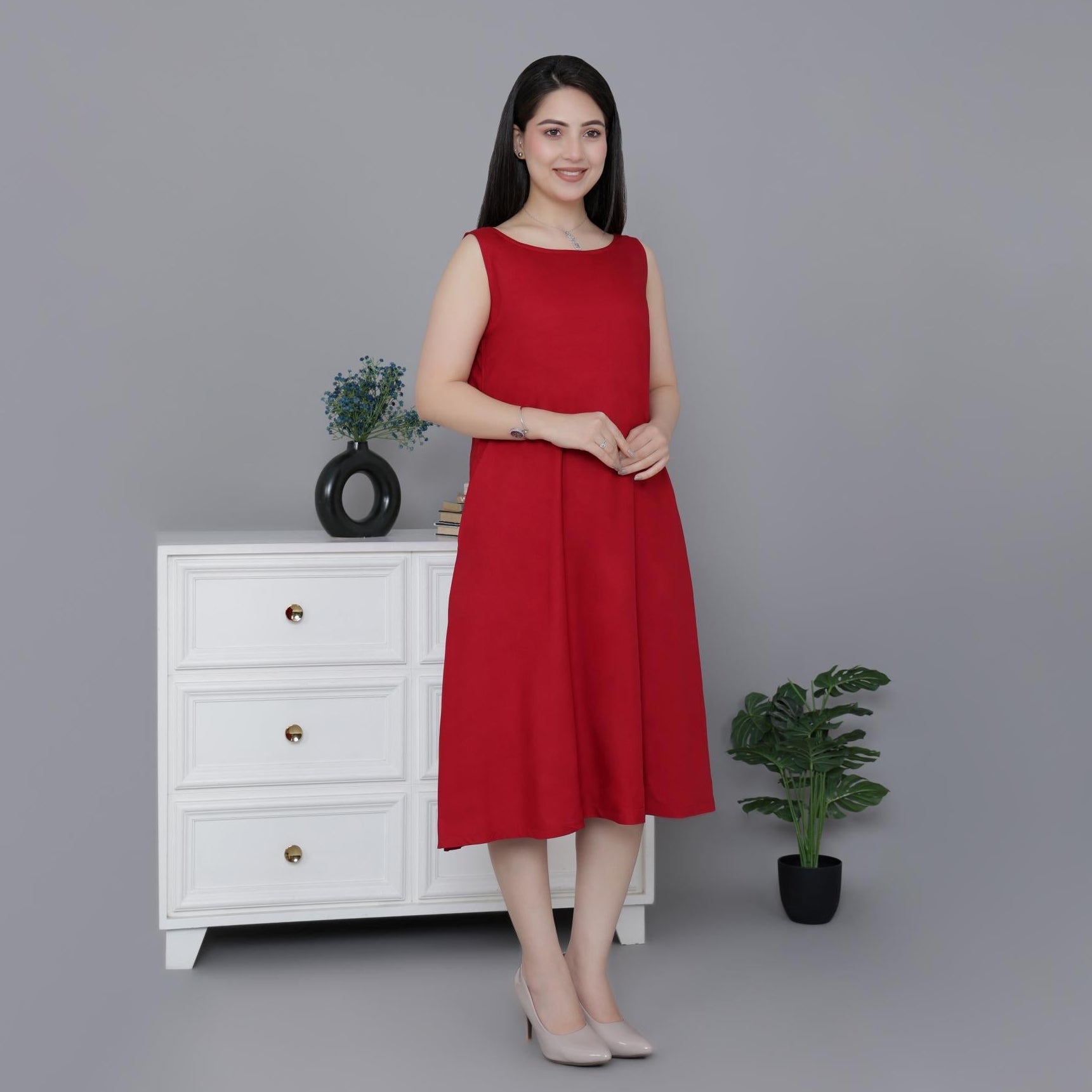 Red rayon flare dress with pocket [ Premium 100% Rayon, Liva Certified ] -Rayon flare dress with pocket