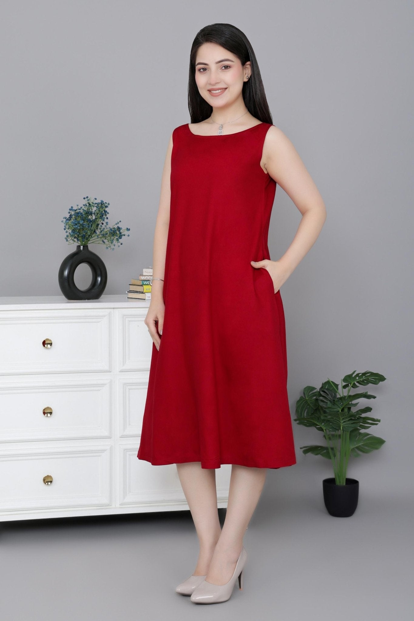 Red rayon flare dress with pocket [ Premium 100% Rayon, Liva Certified ] -Rayon flare dress with pocket