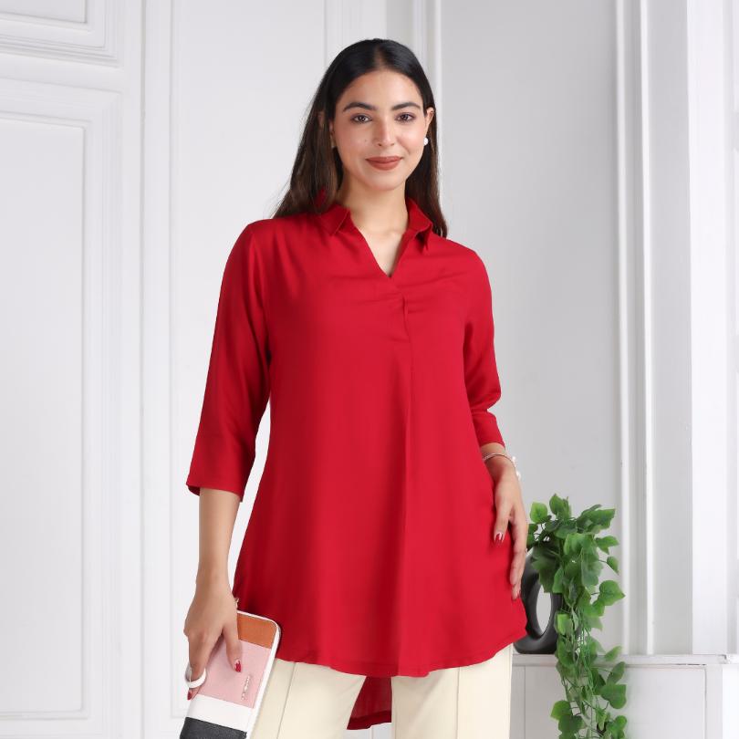 Red rayon flare top [ 100% Rayon, Liva Certified ] - Rayon flare top